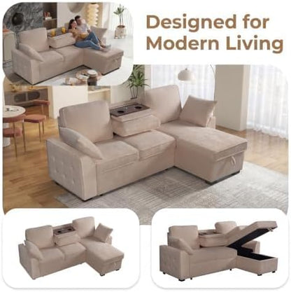 L‑Shaped Queen Pull Out Sleeper Sofa Bed with Storage Chaise, Beige