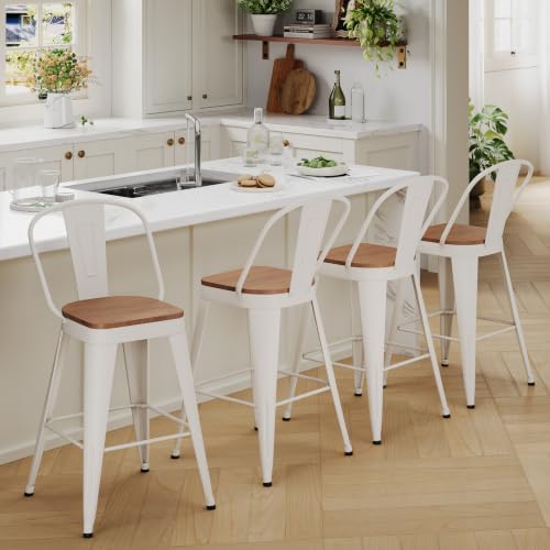 24" Metal Counter Height Bar Stools with Back Set of 4 Off-White