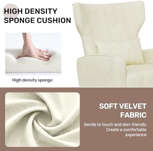 Nebuaegis Velvet Accent Chair Wingback for Living Room, High Back Arm Chair with Golden Legs Lumbar Pillow, Upholstered Single Sofa Bedroom Beige