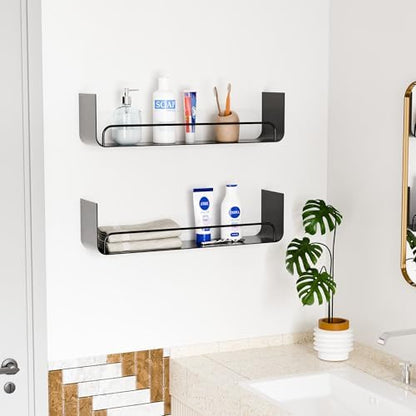 Black Shower Caddy, 2 Pack Metal Floating Black Bathroom Shelf with Guardrail, U-Shaped Wall Mounted Shelves for Kitchen, Living Room, Bedroom, Home Storage and Organizer