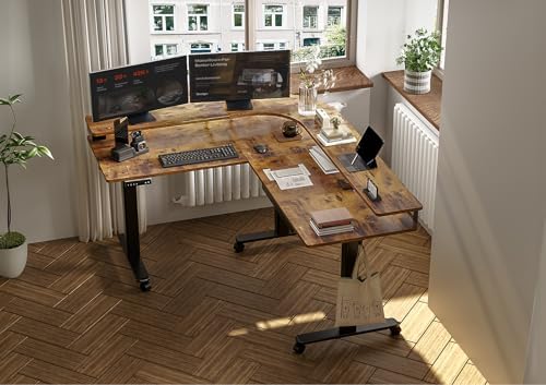 Claiks L Shaped Standing Desk with Drawers, 63 Inch, Rustic Brown