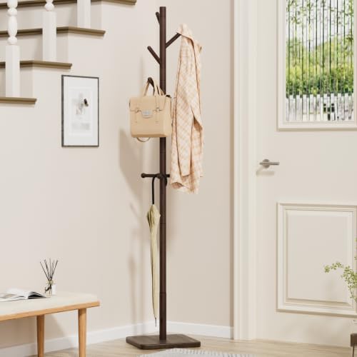 Nianerfaya Solid Wood Coat Rack, Free Standing Hall Coat Tree, Brown