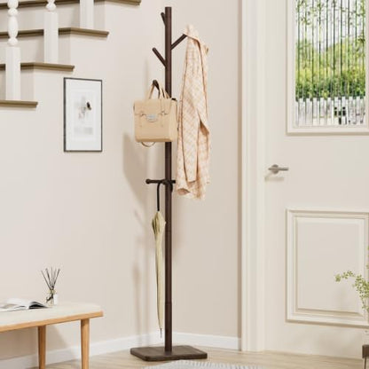 Nianerfaya Solid Wood Coat Rack, Free Standing Hall Coat Tree, Brown