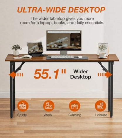 XBurmo Folding Desk Foldable Table, No Assembly 55.1" Foldable Desk Space-Saving Workstation for Small Space, Computer Table, Flat Storage for Home Office, Bedroom, Dorm, Study Room, Dark Walnut