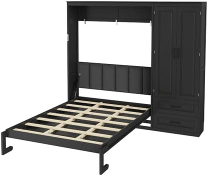 Merax Queen Size Murphy Bed with Upholstered Headboard and Wardrobe,Black