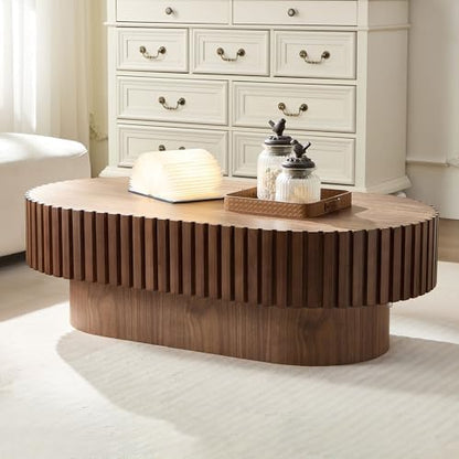 44" Handcraft Drum Oval Wooden Coffee Table with Sturdy MDF Pedestal, Modern Style Solid Wood Relief Coffee Table, Easy Assembly, for Living Room, Bedroom, Reception Room, Walnut
