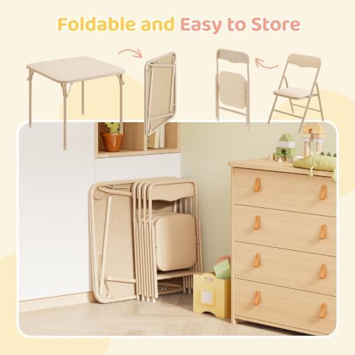 JOYMOR Kids Folding Table and Chairs Set, 5-Piece Metal Frame Activity Set with Easy-Fold Design for Playroom & Classroom, Beige