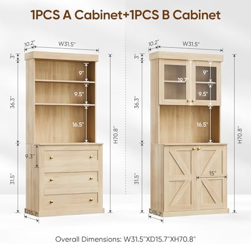 71" Farmhouse Kitchen Pantry Cabinet Set of 2, Brown Freestanding Coffee Bar Hutch with Glass Doors, Drawers & Adjustable Shelves, Large Storage Cabinet with Microwave Stand for Living Room & Kitchen