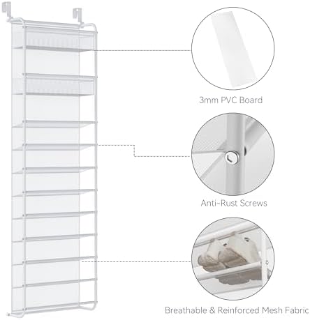 Whitmor 27 Pair Over The Door Shoe Organizer, 11 Tier Hanging Shoe Organizer, Heavy Duty Metal & Mesh Shoe Holder, Hanging Shoe Rack for Closet Organizer & Storage, 7.5 L x 21.7 W x 79.9 H, White
