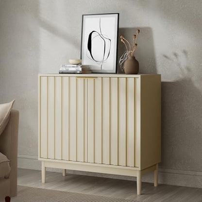 Fluted Buffet Cabinet with Storage, Small Accent Cabinet, Beige