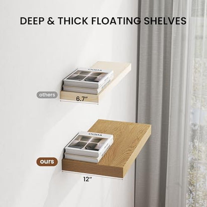 Dreamland 55" Floating Shelves for Wall, 12" Deep Thicker Oak Floating Shelves, Wall-Mounted Shelves for Bedroom, Living Room, Kitchen, Bathroom - Set of 1