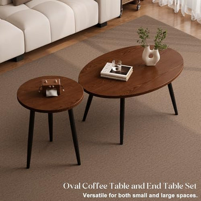 2 Pcs Small Oval Coffee Table,31.5" Retro Walnut Coffee Tables Nesting Tables Set,Easy Assembly Mid Century Modern Coffee Tables for Living Room Office,Coffee Table and End Table Sets