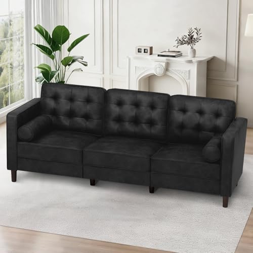 84" Suede Leather Modern Sofa with Bolster Pillows, Black