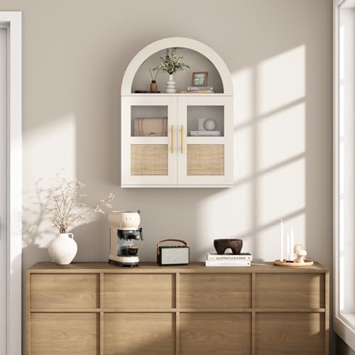 RUSTOWN Arched Bathroom Wall Cabinet with 2 Glass & Rattan Doors