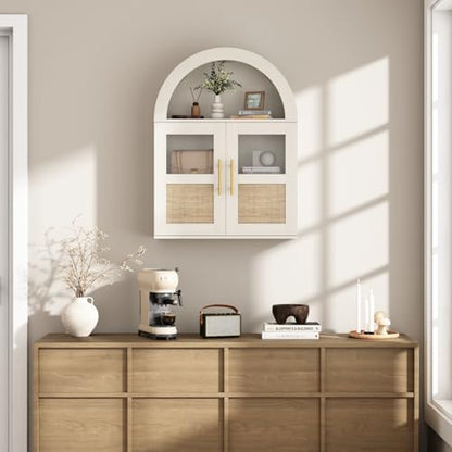 RUSTOWN Arched Bathroom Wall Cabinet with 2 Glass & Rattan Doors