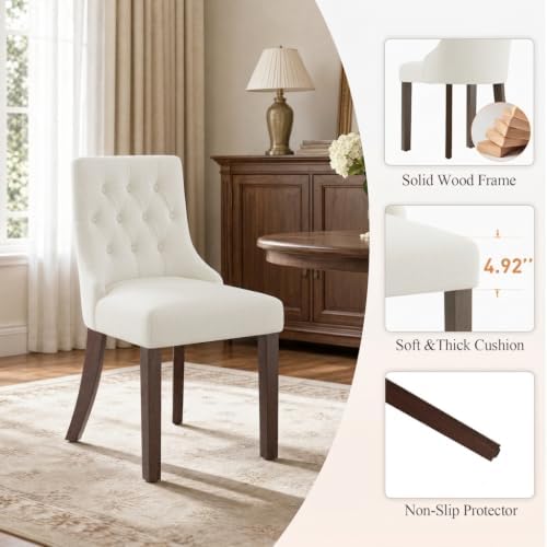 Upholstered Dining Chairs Set of 2, Wingback Dining Room Chairs with Tufted Button, Fabric Dining Chairs with Solid Wood Legs for Dining Room, Kitchen, Apartment，Beige