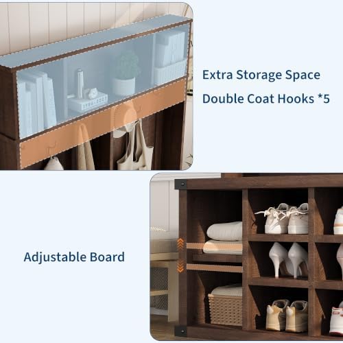 51.2" Hall Tree with Bench and Shoe Storage, Rustic Brown