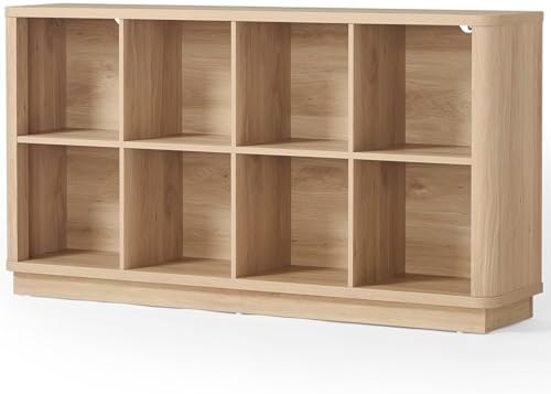 Joaxswe 8 Cube Storage Book Shelf, 52" Long Horizontal Bookshelf with Curved Edge, Floor Standing Wooden Cubby Bookcase with Base, Modern Low Console Book Case, TV Stand for Living Room, Natural Oak