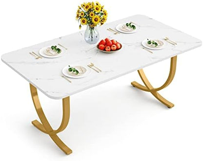 LITTLE TREE Dining Room Table, Kitchen Table with Faux Marble Table Top and Gold Metal Legs