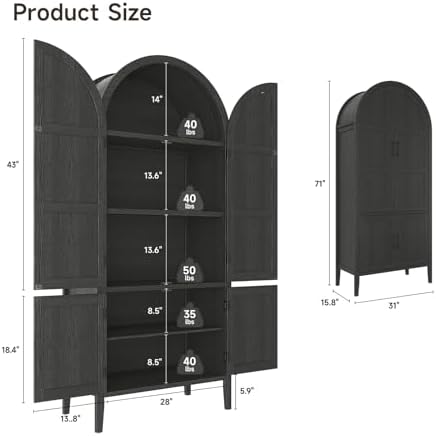 ONBRILL 71" Tall 5-Tier Arched Cabinet, Arched Kitchen Pantry Cabinet Black