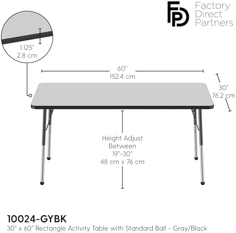 FDP 30" x 60" Rectangle Table with Ball Glide Legs - Gray/Black