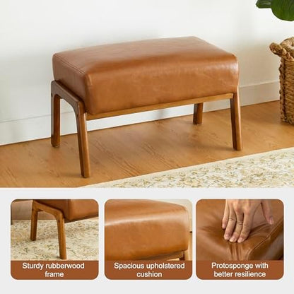 Glitzhome 15.5"(H) Footrest Stool, Leatherette Ottoman, Accent Padded Sofa Foot Stool for Accent Chair, Wood Frame Foot Rest Ottoman for Living Room, Bedroom, Yellowish-Brown
