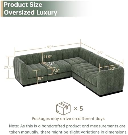 Morden Fort 5-Seater L-Shaped Modular Sectional Sofa, Deep Seat Chenille Couch for Living Room, Modern Modular Corner Sofa with High-Density Foam Cushions, Comfy Apartment Couch, Green
