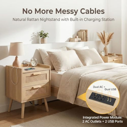 Finnhomy Nightstand with Charging Station, Bedside Table with 2 Hand Made Rattan Decorated Drawers, Night Stand with Storage for Bedroom, Natural, Set of 2