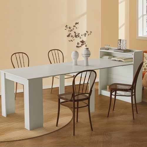21''- 98.43'' Extendable Dining Room Table, Expandable Dining Table, Modern Large Table, for 2-9 Person(with Shelf), White