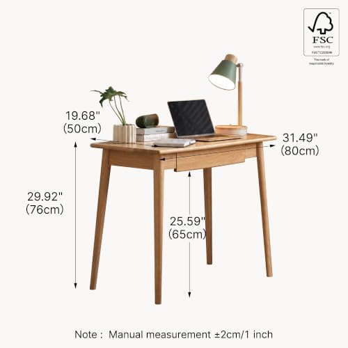 100% Solid Wood Home Office Desk, Oak Wood Writing Desk, Modern Computer Desk with Drawer for Sturdy Home Office Writing 31.49" W Natural Color