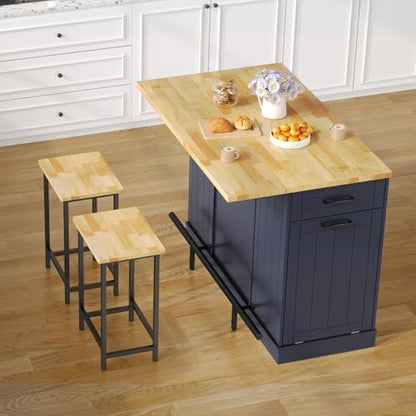 47" Kitchen Island with Seating, Include 2 Chairs, Blue