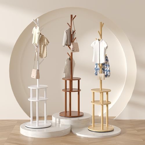 VECELO Coat Rack Freestanding, Entryway Hanger Stand, Umbrella Holder, Hall Tree With Hooks, Floor Standing Tree Stand,Walnut