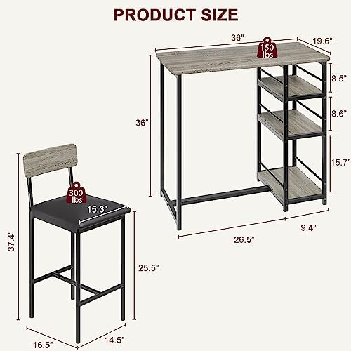 Space-Saving 3-Piece Dining Table Set for 2 – Counter Height Table with Upholstered Chairs and 3 Storage Shelves – Perfect for Small Spaces, Apartments, Breakfast Nook – Rustic Grey, 1+2 Set