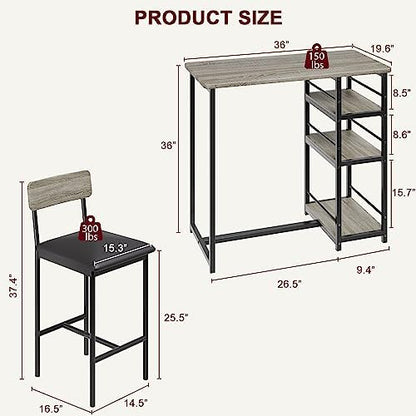 Space-Saving 3-Piece Dining Table Set for 2 – Counter Height Table with Upholstered Chairs and 3 Storage Shelves – Perfect for Small Spaces, Apartments, Breakfast Nook – Rustic Grey, 1+2 Set