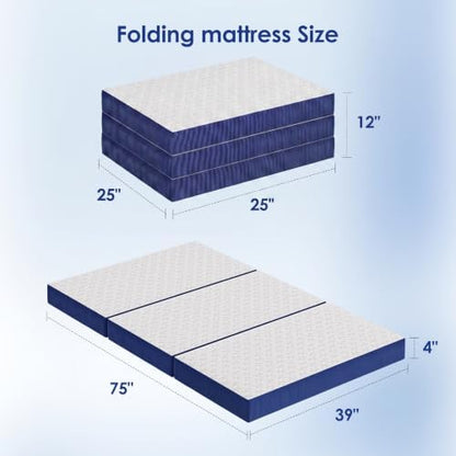4 Inch Tri-Fold Mattress Single Size, Portable Memory Foam Guest Bed