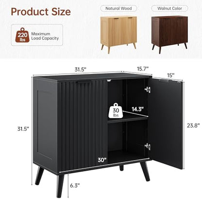Black Sideboard Buffet Cabinet with Storage, 2 Doors Modern Fluted Buffet Cabinet for Living Room, Accent Credenza with Adjustable Shelves Entryway Storage Cabinets for Kitchen