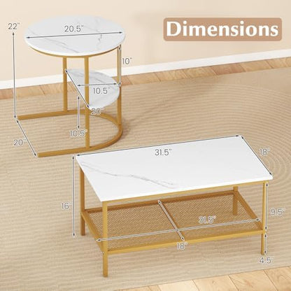 GOFLAME Nesting Coffee Table Set of 2, 2 PCS Nesting Tables with Faux Marble Top and Extra Storage Shelf, Modern Round End Table & Rectangular Coffee Tables for Living Room, Bedroom, Gold+White
