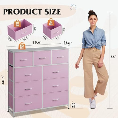 WLIVE 9 Drawer Dresser for Bedroom, Tall Chest of Drawers, A-Pink
