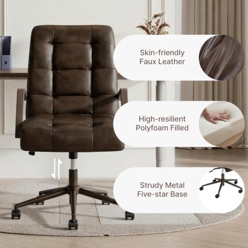 KISLOT Home Office Desk Chair, Ergonomic Office Chair with Square-Patterned Leather Upholstery, Adjustable Swivel Computer Chair with Wood Arms & Wheels, Soft-Rounded Front Edge, Espresso