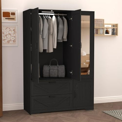 72'' Armoire Wardrobe Closet with Mirror Door & Light, Farmhouse Bedroom Clothes Cabinet with 4 Doorrs + Hanging Rod + 2 Drawers, Wooden Wardrobe Cabinet with Adjustable Shelf for Bedroom