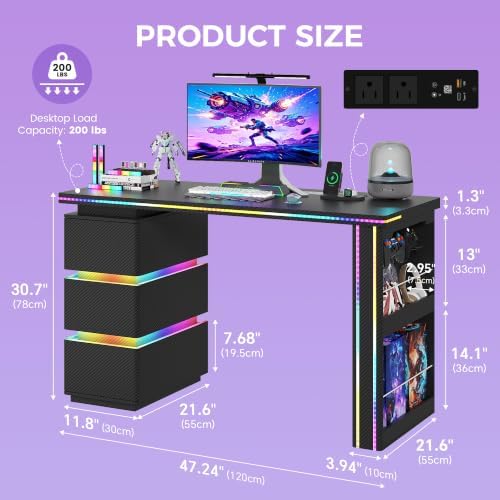 HNEBC 47.2" LED Home Office Computer Desk,3 Drawers,Pegboard,Fiber Black