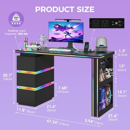 HNEBC 47.2" LED Home Office Computer Desk,3 Drawers,Pegboard,Fiber Black