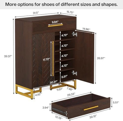 Tribesigns Shoe Cabinet with Doors, 20 Pairs Shoe Storage Cabinet with Drawer for Entryway, Modern Shoe Rack Organizer with Adjustable Shelves for Hallways Bedroom Living Room, Walnut & Gold