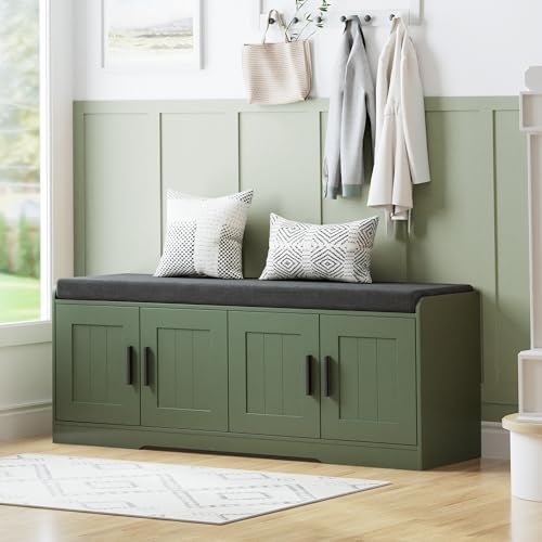 Shoe Storage Bench, 4 Doors & Thickened Padded Seat Cushion