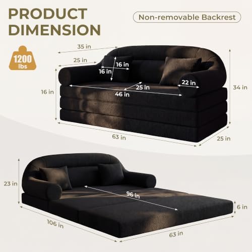 63" High-Back Futon Sofa Bed, Tri-Fold Boneless Couch | Black