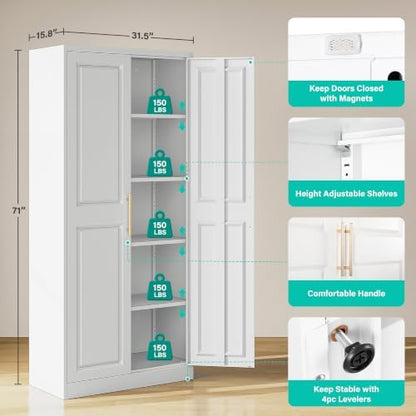 SISESOL 71" Tall Storage Cabinet with 2 Door and 5 Shelves, Wide & Deep Kitchen Pantry Cabinet, White Metal Cabinets,Large Cupboard for Home,Kitchen,Laundry