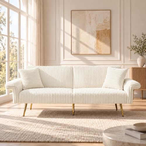 79" Corduroy Convertible Sofa Bed with Folding Armrests, White