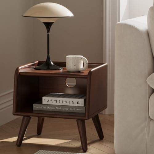Solid Wood Nightstand, Mid Century Modern Night Stand, Wood Side Table, Small Bedside Table with Open Shelf, Low Nightstand, Short Nightstands for Bedroom(Walnut, 15.75" H)