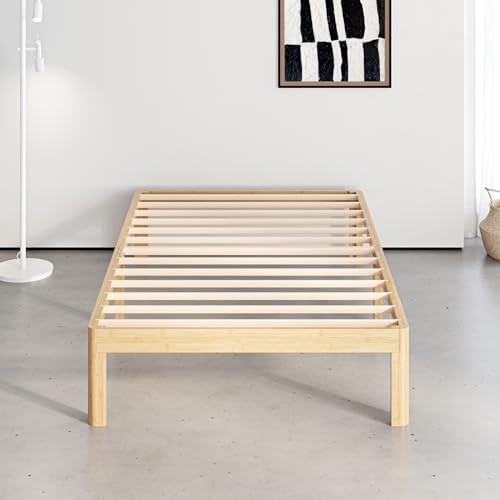 14" Bamboo Wood Twin Bed Frame Platform with Metal Slat Support, Natural