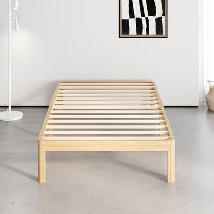 14" Bamboo Wood Twin Bed Frame Platform with Metal Slat Support, Natural